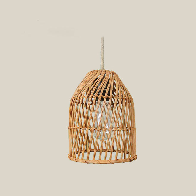 Traditional Chinese Round Cage Rattan 1-Light Pendant Light For Living Room
