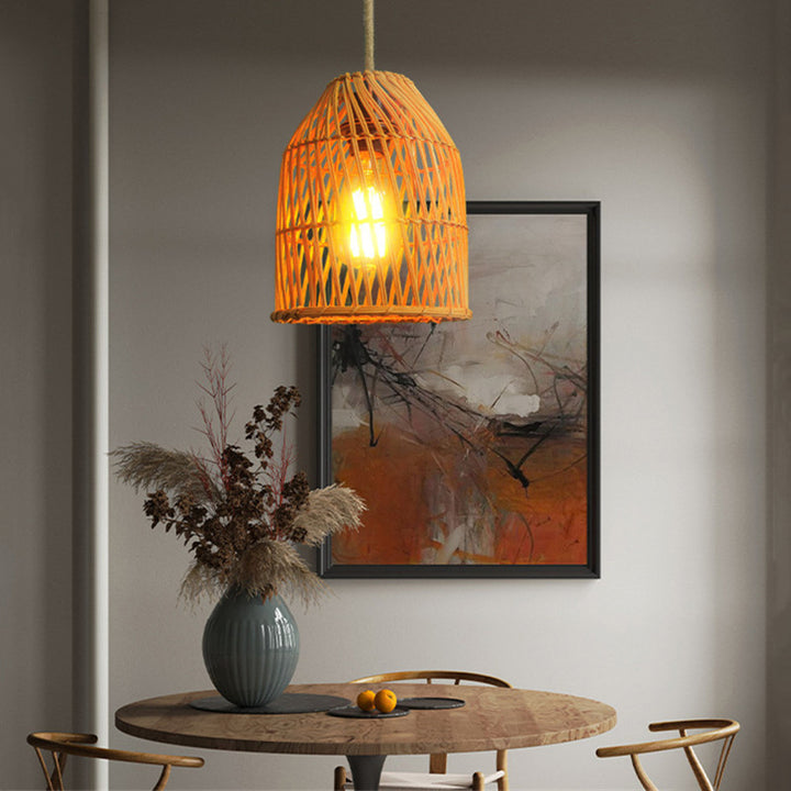 Traditional Chinese Round Cage Rattan 1-Light Pendant Light For Living Room