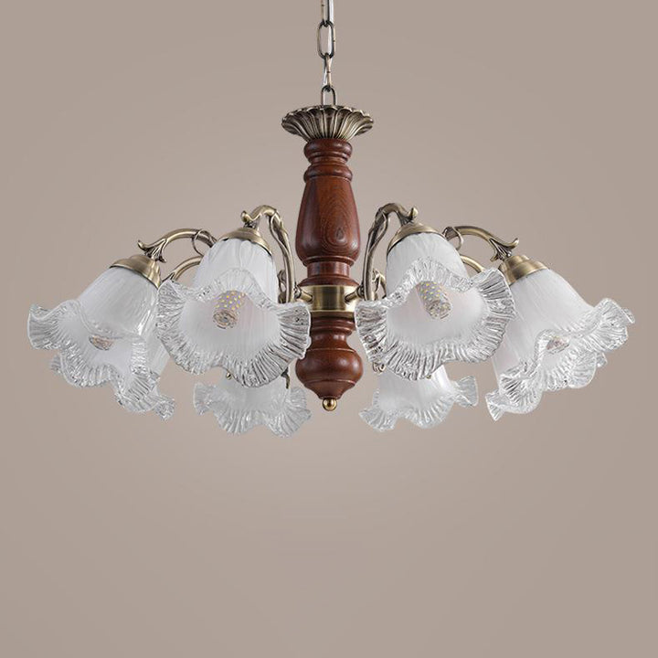 Modern Mid-Century Branch Curved Rod Floral Iron Solid Wood Frame Glass Shade 3/5/8 Light Chandelier For Living Room