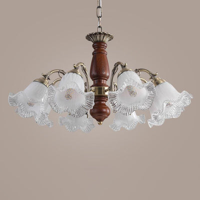 Modern Mid-Century Branch Curved Rod Floral Iron Solid Wood Frame Glass Shade 3/5/8 Light Chandelier For Living Room