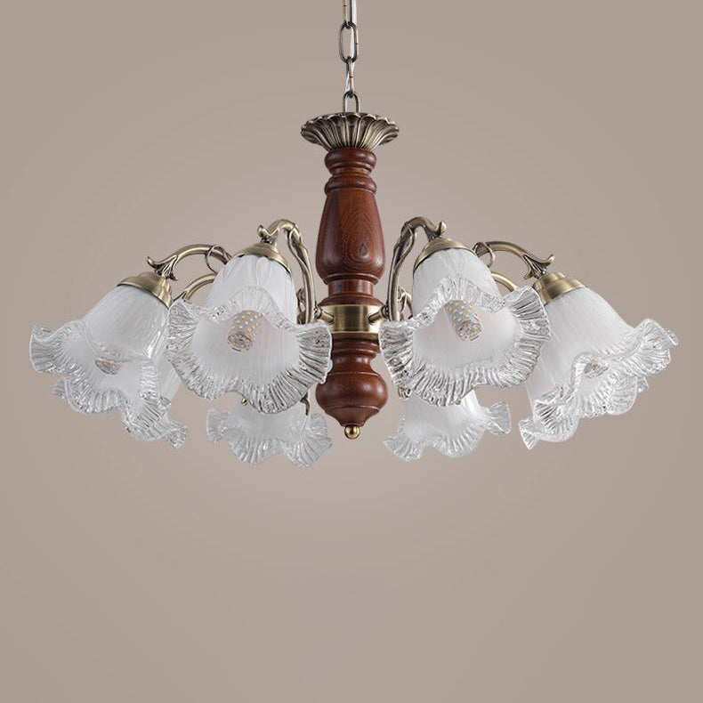 Modern Mid-Century Branch Curved Rod Floral Iron Solid Wood Frame Glass Shade 3/5/8 Light Chandelier For Living Room