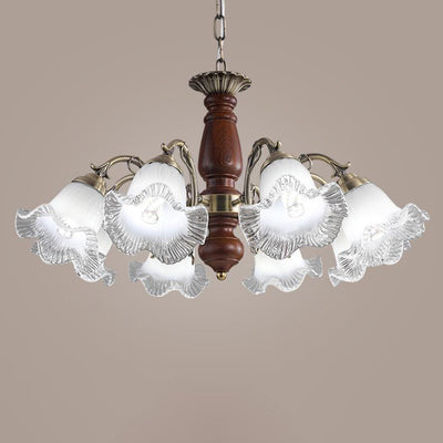 Modern Mid-Century Branch Curved Rod Floral Iron Solid Wood Frame Glass Shade 3/5/8 Light Chandelier For Living Room