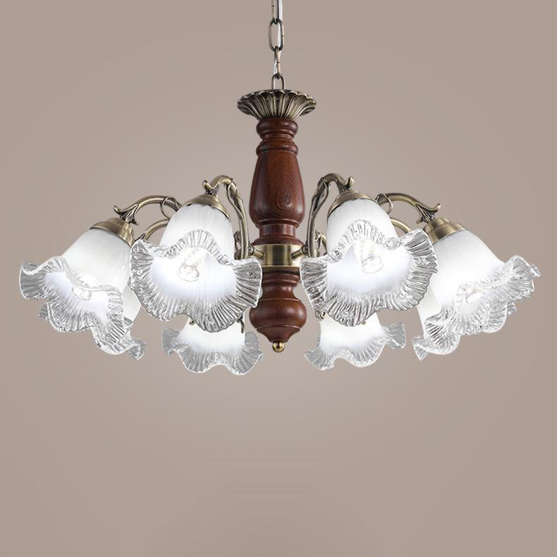 Modern Mid-Century Branch Curved Rod Floral Iron Solid Wood Frame Glass Shade 3/5/8 Light Chandelier For Living Room