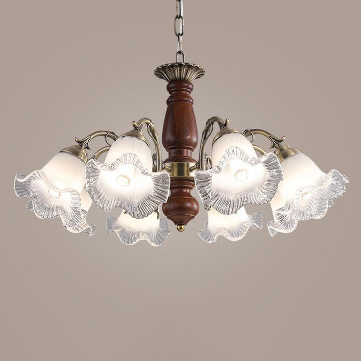 Modern Mid-Century Branch Curved Rod Floral Iron Solid Wood Frame Glass Shade 3/5/8 Light Chandelier For Living Room