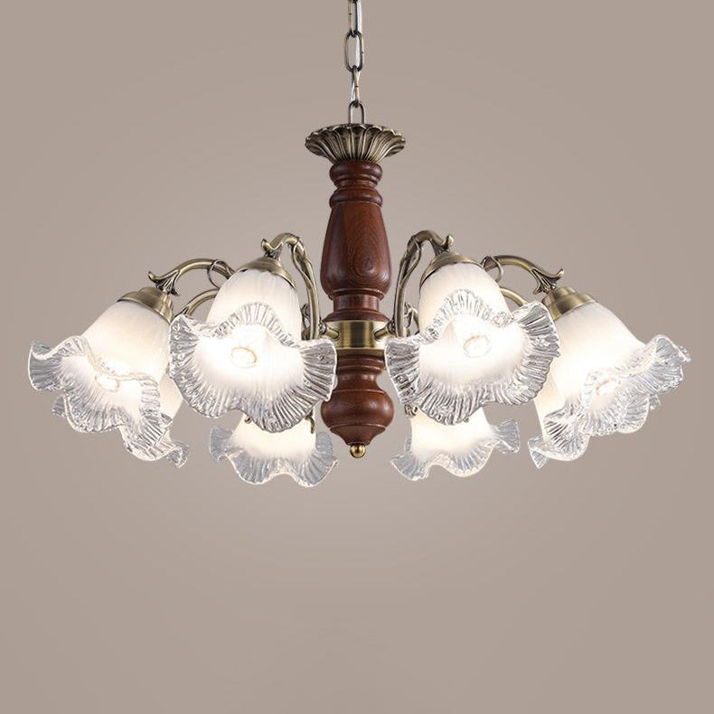 Modern Mid-Century Branch Curved Rod Floral Iron Solid Wood Frame Glass Shade 3/5/8 Light Chandelier For Living Room