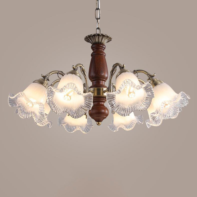 Modern Mid-Century Branch Curved Rod Floral Iron Solid Wood Frame Glass Shade 3/5/8 Light Chandelier For Living Room