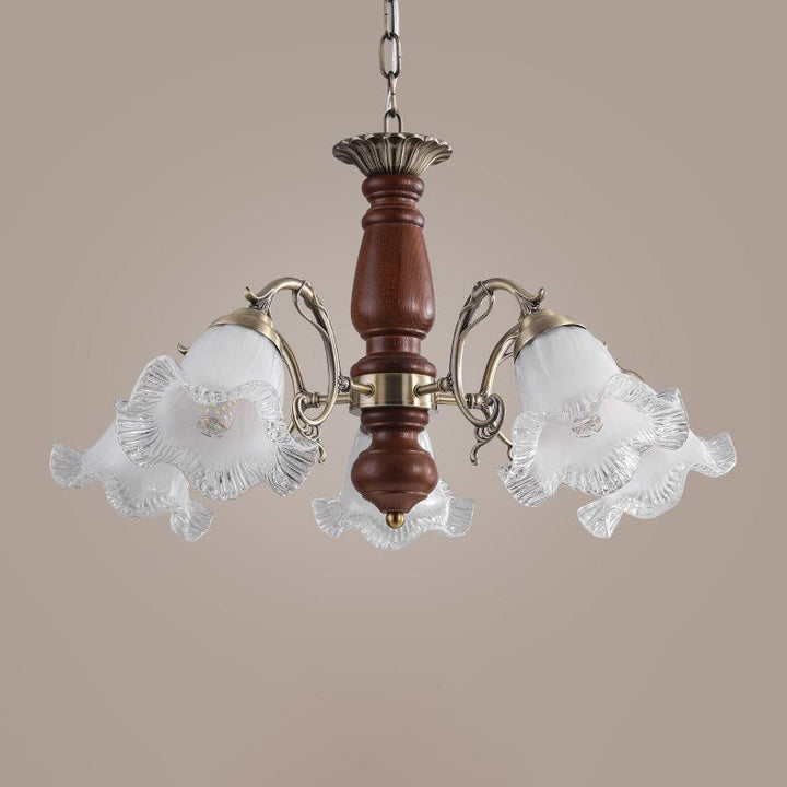 Modern Mid-Century Branch Curved Rod Floral Iron Solid Wood Frame Glass Shade 3/5/8 Light Chandelier For Living Room