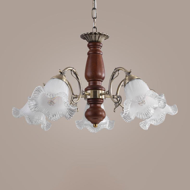 Modern Mid-Century Branch Curved Rod Floral Iron Solid Wood Frame Glass Shade 3/5/8 Light Chandelier For Living Room