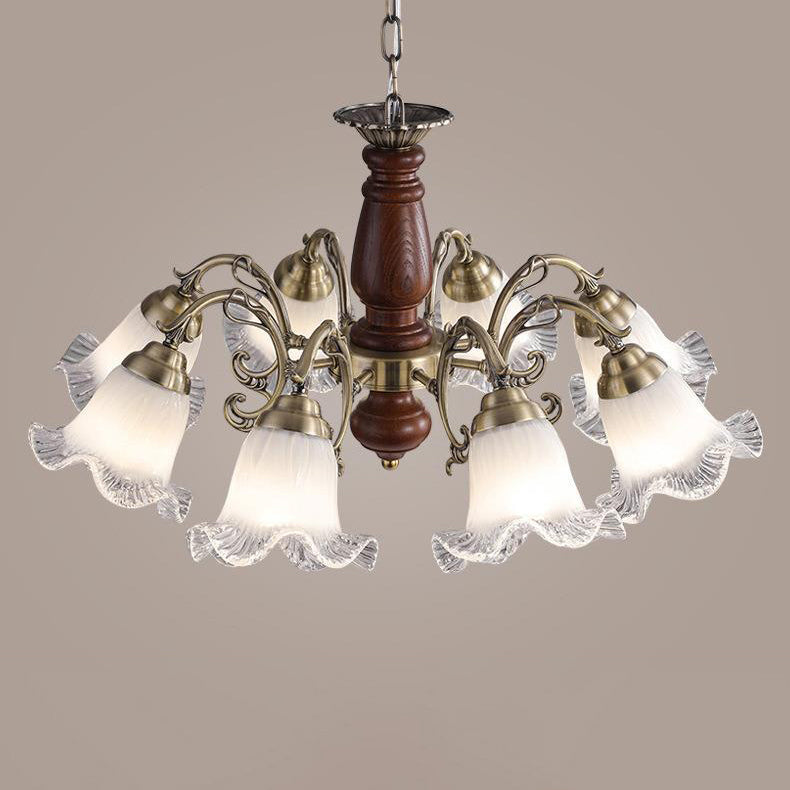 Modern Mid-Century Branch Curved Rod Floral Iron Solid Wood Frame Glass Shade 3/5/8 Light Chandelier For Living Room