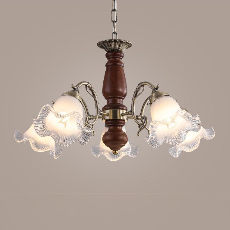Modern Mid-Century Branch Curved Rod Floral Iron Solid Wood Frame Glass Shade 3/5/8 Light Chandelier For Living Room