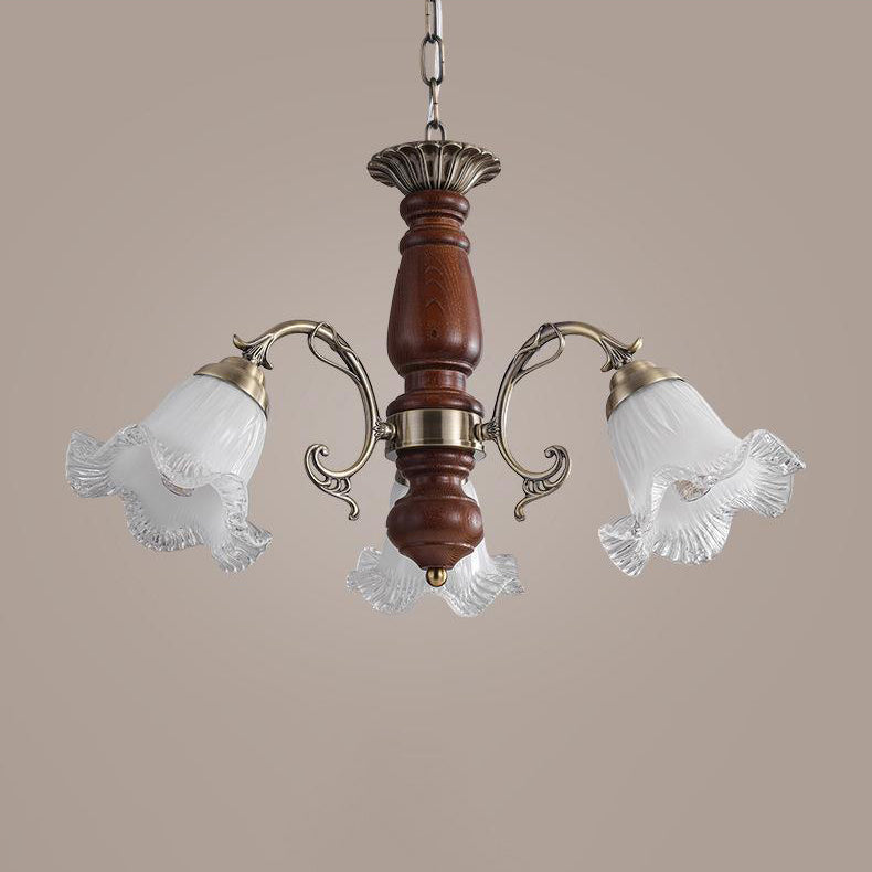 Modern Mid-Century Branch Curved Rod Floral Iron Solid Wood Frame Glass Shade 3/5/8 Light Chandelier For Living Room