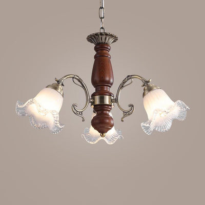 Modern Mid-Century Branch Curved Rod Floral Iron Solid Wood Frame Glass Shade 3/5/8 Light Chandelier For Living Room