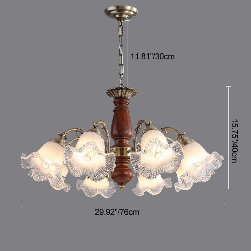 Modern Mid-Century Branch Curved Rod Floral Iron Solid Wood Frame Glass Shade 3/5/8 Light Chandelier For Living Room