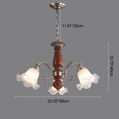 Modern Mid-Century Branch Curved Rod Floral Iron Solid Wood Frame Glass Shade 3/5/8 Light Chandelier For Living Room
