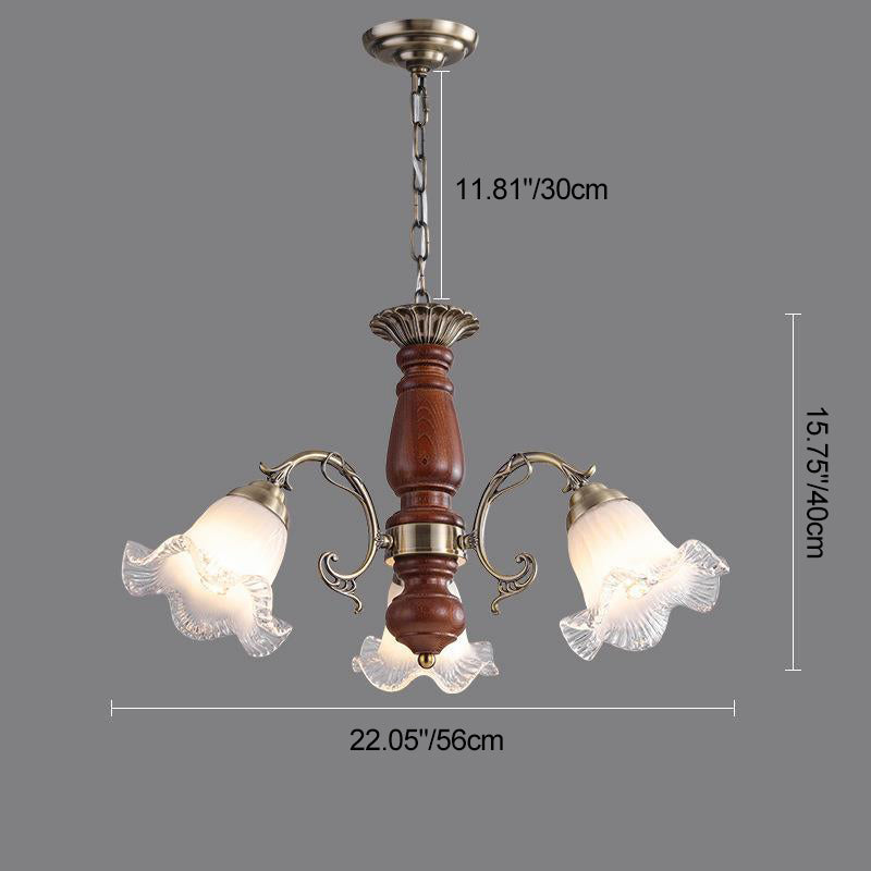 Modern Mid-Century Branch Curved Rod Floral Iron Solid Wood Frame Glass Shade 3/5/8 Light Chandelier For Living Room