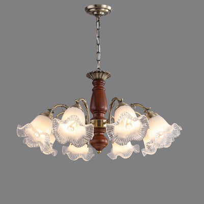 Modern Mid-Century Branch Curved Rod Floral Iron Solid Wood Frame Glass Shade 3/5/8 Light Chandelier For Living Room