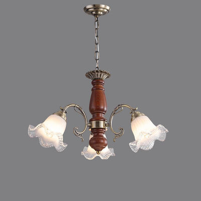 Modern Mid-Century Branch Curved Rod Floral Iron Solid Wood Frame Glass Shade 3/5/8 Light Chandelier For Living Room