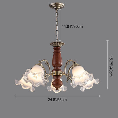 Modern Mid-Century Branch Curved Rod Floral Iron Solid Wood Frame Glass Shade 3/5/8 Light Chandelier For Living Room