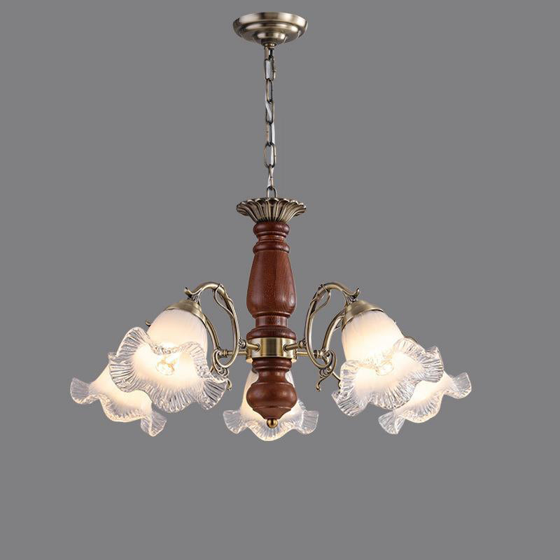 Modern Mid-Century Branch Curved Rod Floral Iron Solid Wood Frame Glass Shade 3/5/8 Light Chandelier For Living Room