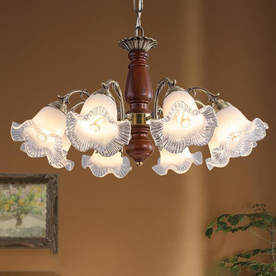 Modern Mid-Century Branch Curved Rod Floral Iron Solid Wood Frame Glass Shade 3/5/8 Light Chandelier For Living Room