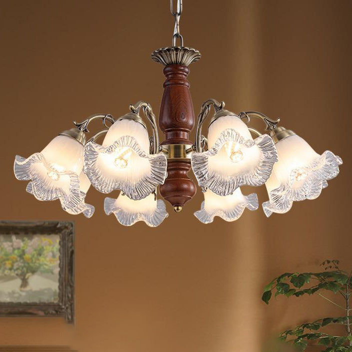 Modern Mid-Century Branch Curved Rod Floral Iron Solid Wood Frame Glass Shade 3/5/8 Light Chandelier For Living Room