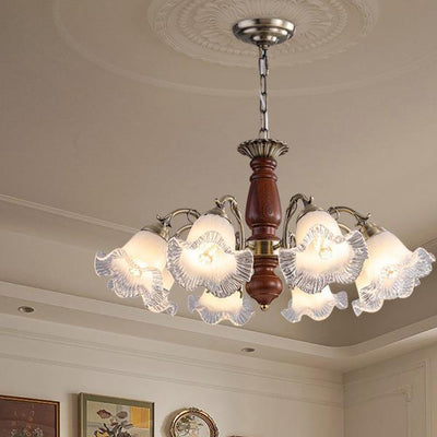 Modern Mid-Century Branch Curved Rod Floral Iron Solid Wood Frame Glass Shade 3/5/8 Light Chandelier For Living Room