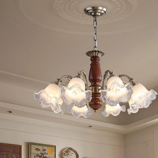 Modern Mid-Century Branch Curved Rod Floral Iron Solid Wood Frame Glass Shade 3/5/8 Light Chandelier For Living Room