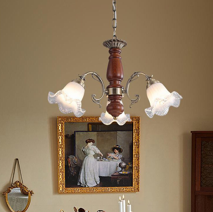Modern Mid-Century Branch Curved Rod Floral Iron Solid Wood Frame Glass Shade 3/5/8 Light Chandelier For Living Room