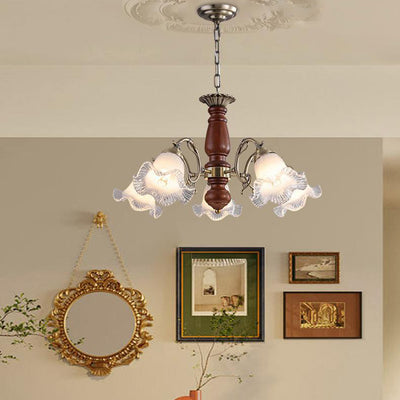 Modern Mid-Century Branch Curved Rod Floral Iron Solid Wood Frame Glass Shade 3/5/8 Light Chandelier For Living Room