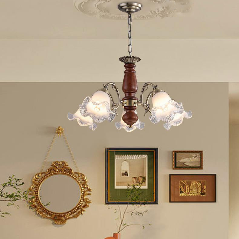 Modern Mid-Century Branch Curved Rod Floral Iron Solid Wood Frame Glass Shade 3/5/8 Light Chandelier For Living Room