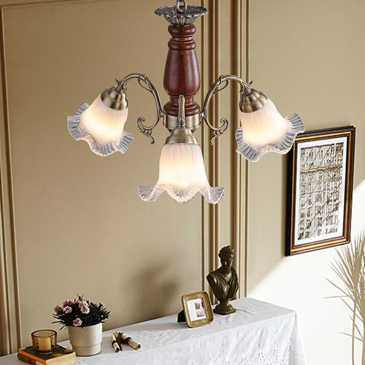 Moderne Mid-Century Zweig Gebogene Stange Floral Eisen Massivholzrahmen Glasschirm 3/5/8 Licht Kronleuchter für Wohnzimmer 