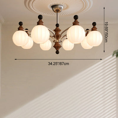 Modern Mid-Century Branch Curved Rod Iron Wood Frame Orb Striped Glass Shade 8-Light Chandelier For Living Room