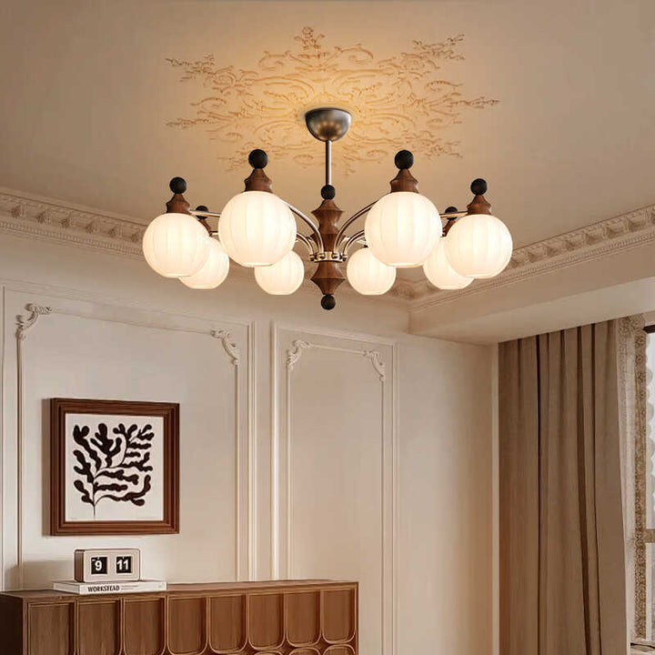 Moderner Mid-Century Zweig Gebogener Stab Eisen Holzrahmen Kugel Gestreifter Glasschirm 8-Licht Kronleuchter für Wohnzimmer 