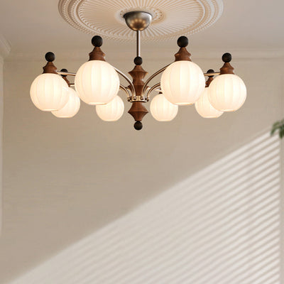 Modern Mid-Century Branch Curved Rod Iron Wood Frame Orb Striped Glass Shade 8-Light Chandelier For Living Room