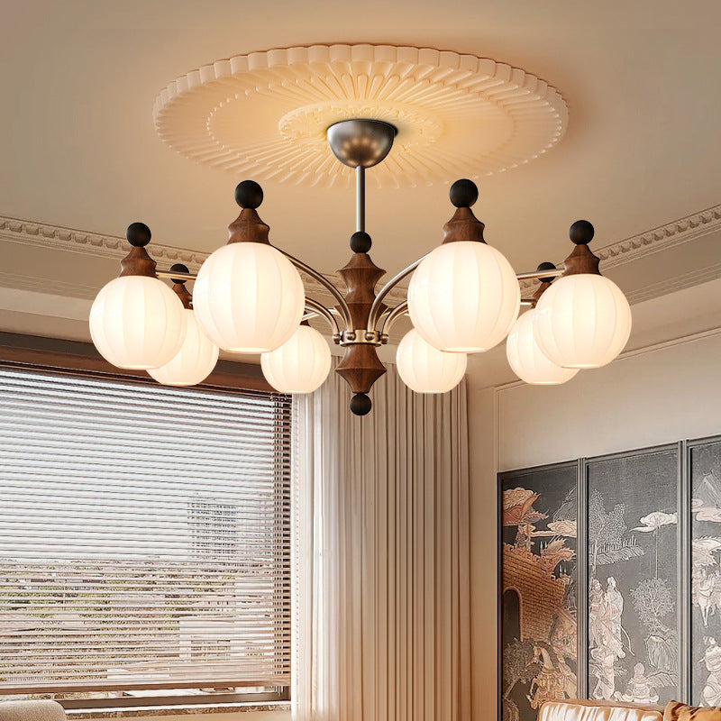 Modern Mid-Century Branch Curved Rod Iron Wood Frame Orb Striped Glass Shade 8-Light Chandelier For Living Room