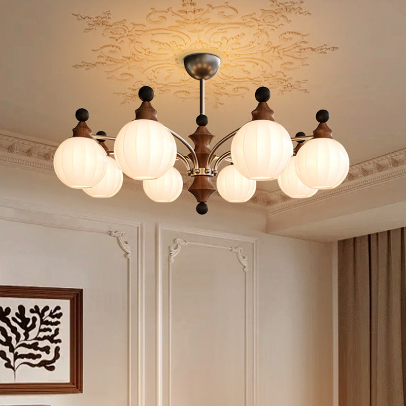 Modern Mid-Century Branch Curved Rod Iron Wood Frame Orb Striped Glass Shade 8-Light Chandelier For Living Room