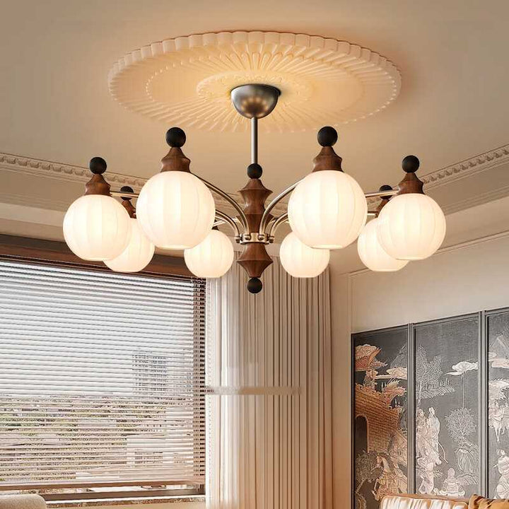 Moderner Mid-Century Zweig Gebogener Stab Eisen Holzrahmen Kugel Gestreifter Glasschirm 8-Licht Kronleuchter für Wohnzimmer 