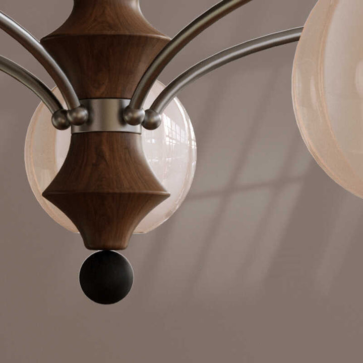 Moderner Mid-Century Zweig Gebogener Stab Eisen Holzrahmen Kugel Gestreifter Glasschirm 8-Licht Kronleuchter für Wohnzimmer 