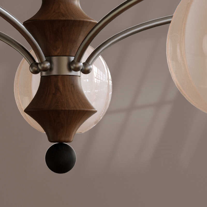 Modern Mid-Century Branch Curved Rod Iron Wood Frame Orb Striped Glass Shade 8-Light Chandelier For Living Room