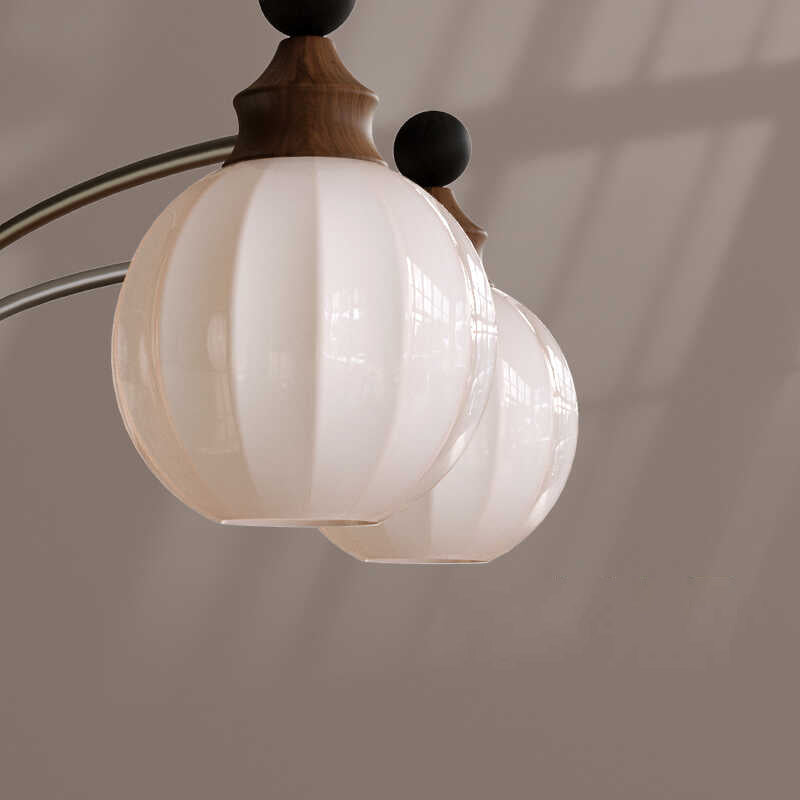 Moderner Mid-Century Zweig Gebogener Stab Eisen Holzrahmen Kugel Gestreifter Glasschirm 8-Licht Kronleuchter für Wohnzimmer 