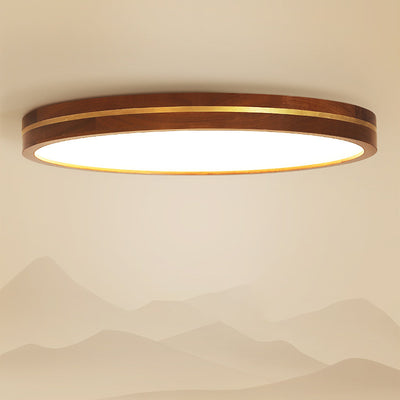 Modern Minimalist Round Wood Grain Copper LED Flush Mount Ceiling Light For Bedroom