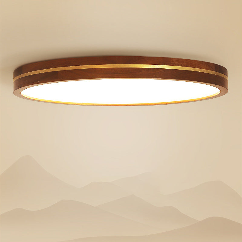 Modern Minimalist Round Wood Grain Copper LED Flush Mount Ceiling Light For Bedroom