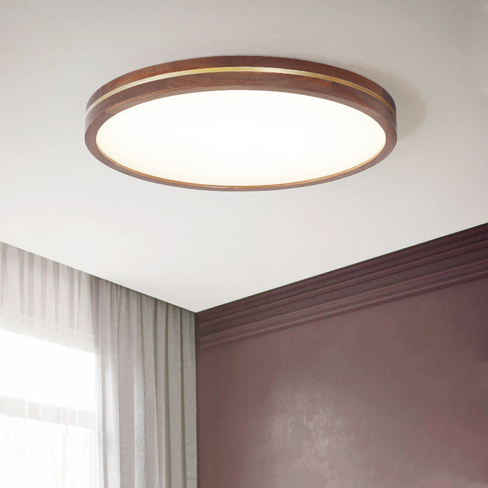 Modern Minimalist Round Wood Grain Copper LED Flush Mount Ceiling Light For Bedroom