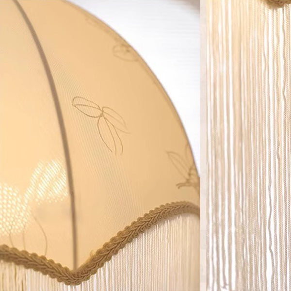 Traditionelle französische Kuppel mit floralem Stoffschirm, Quaste, Holz, Metall 3-Licht Pendelleuchte für Wohnzimmer 