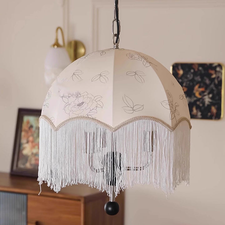 Traditionelle französische Kuppel mit floralem Stoffschirm, Quaste, Holz, Metall 3-Licht Pendelleuchte für Wohnzimmer 