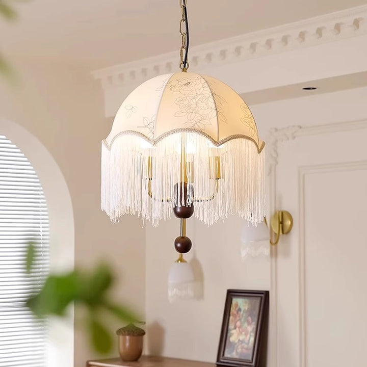 Pantalla de tela floral de cúpula francesa tradicional con borla de madera y metal de 3 luces para sala de estar 