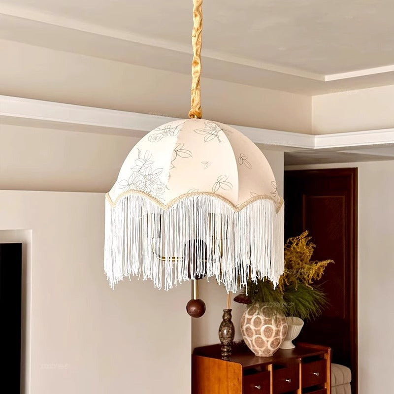 Traditional French Dome Floral Fabric Shade Tassel Wood Metal 3-Light Pendant Light For Living Room