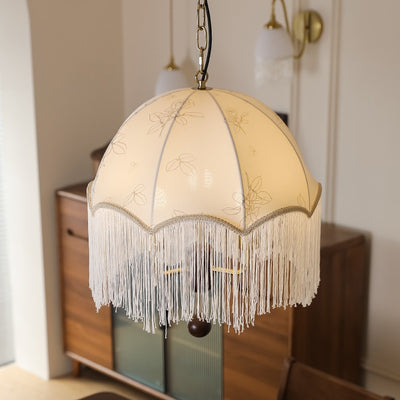 Traditional French Dome Floral Fabric Shade Tassel Wood Metal 3-Light Pendant Light For Living Room