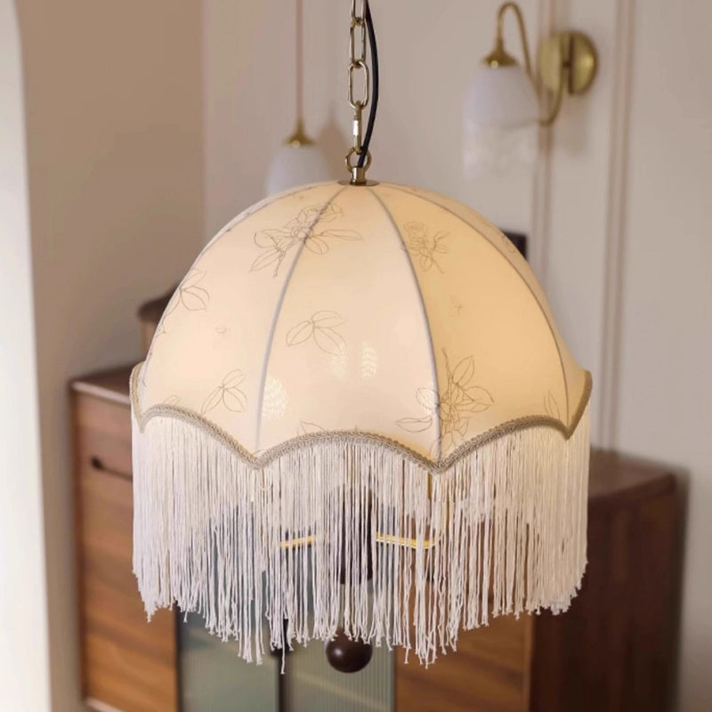 Traditional French Dome Floral Fabric Shade Tassel Wood Metal 3-Light Pendant Light For Living Room