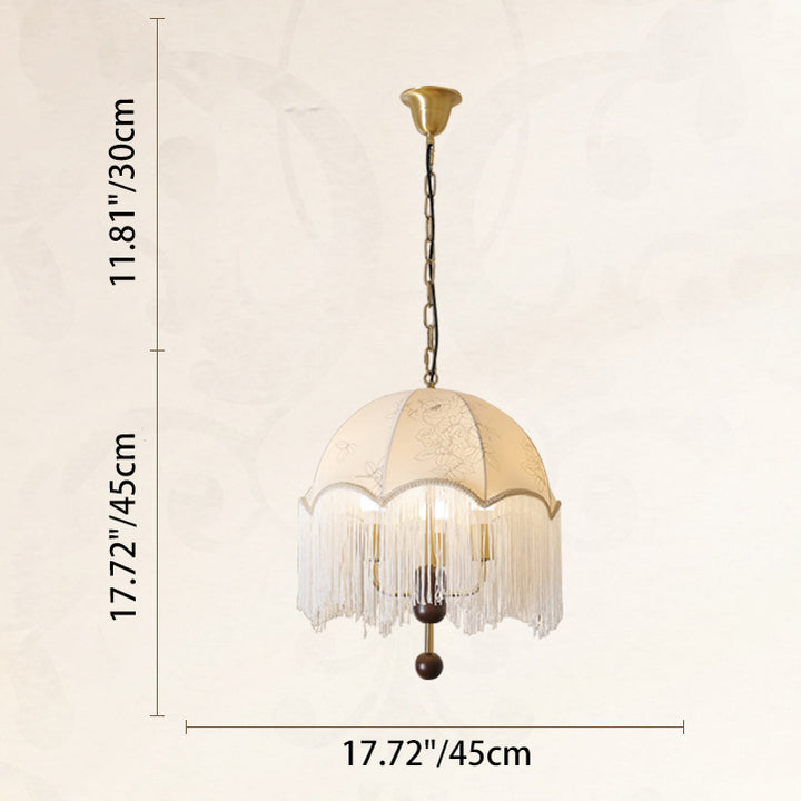 Traditionelle französische Kuppel mit floralem Stoffschirm, Quaste, Holz, Metall 3-Licht Pendelleuchte für Wohnzimmer 